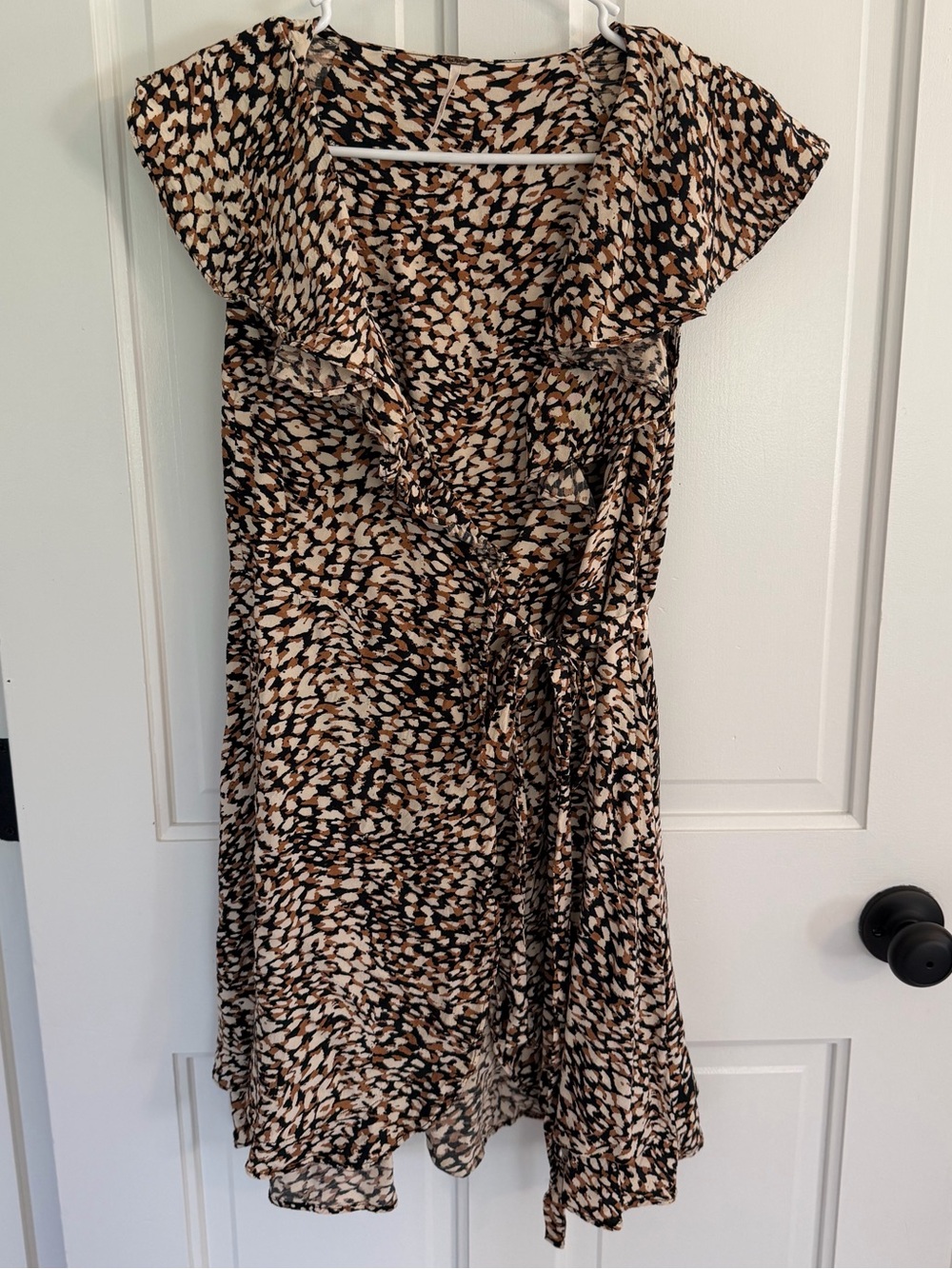 Free People Small Animal Print Ruffle Wrap Mini Dress Brown Black Boho